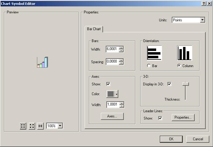 V kolonce Bars lze zadat šířku sloupců diagramu (Width) a rozchod mezi jednotlivými sloupci diagramu (Spacing), které se udávají v jednotkách zadaných v rolovací liště jednotek (Units).