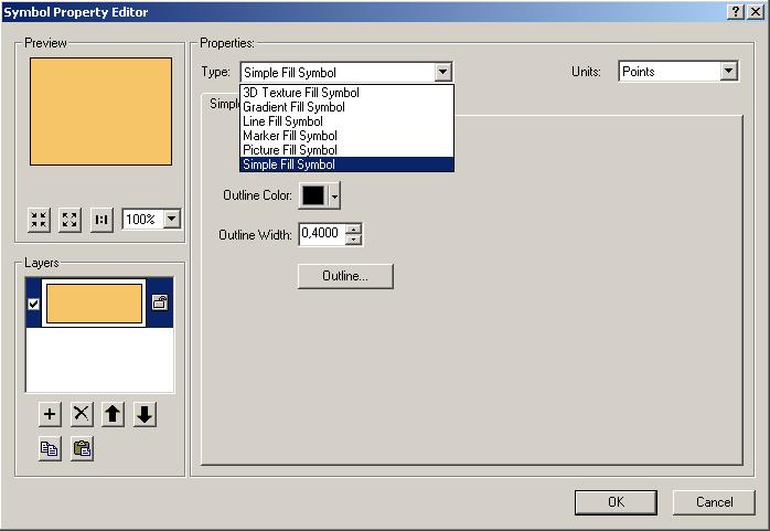 Pokud ani tento způsob volby vzhledu vrstvy není dostačující, je možné přes tlačítko vlastností (Properties) přejít do dialogového okna Symbol Property Editor, uvedeného na dalším obrázku.
