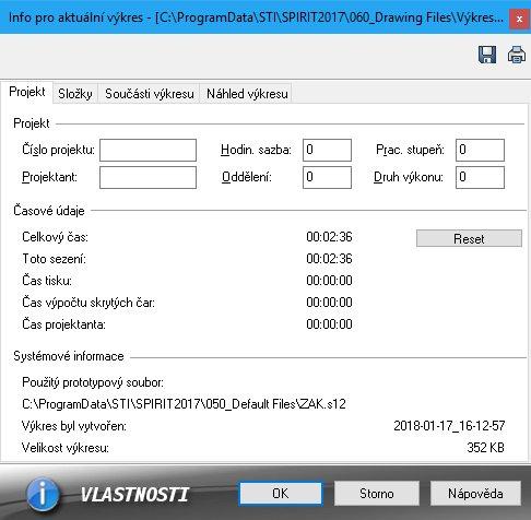 Vlastnosti výkresu SPIRIT obsahuje několik informací o vlastnostech výkresu. Přes roletové menu Soubor Vlastnosti výkresu... se zobrazí tyto informace.