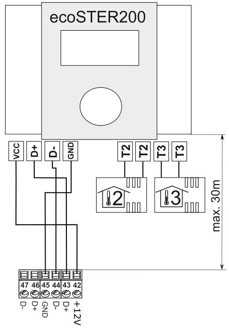 4-žilové připojení. Připojení ecoster TOUCH je nezbytné provést dle elektrického schématu k panelu a ecoster 200 připojte dle schématu níže. 2-žilové připojení.