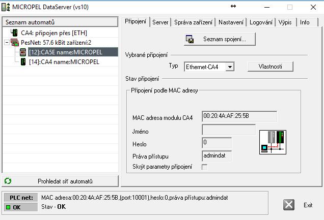 Připojení linkou RS485 PESnet Komunikátor CA5 / automat MCA45 lze připojit k PC pomocí linky PESnet stejně, jako se připojuje každé jiné zařízení MICROPEL vybavené linkou PESnet.