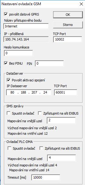 Nastavení ovladače GSM Povolit datové GPRS Povolení spustit GPRS a tím zpřístupnit komunikátor na Internet přes mobilního operátora.