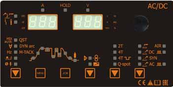 TIG BALANCE LED SYN Tlačítko MENU Snadné ovládání pro MIG/MAG Tlačítko volí režim jobů LED HOLD Enkoder textového displeje LED proud na výstupu Tlačítko test plynu Displej napětí Displej korekce LED