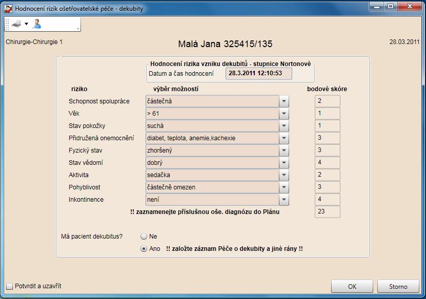 Hodnocení rizika (anebo pokud zakládá uživatel riziko dekubitu pacientovi v daném chorobopisu poprvé) se zpřístupní na tlačítko Detail rizika.