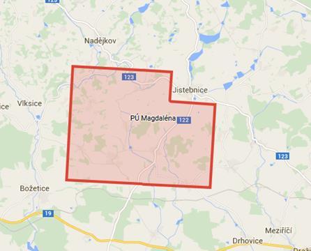 Příklad - průzkumné území Magdaléna Vybraná lokalita pro úložiště Magdaléna leží na území města Jistebnice (osady Svoříž, Božejovice, Padařov, Makov, Drahnětice a Zvěstonín), obce Božetice (osada
