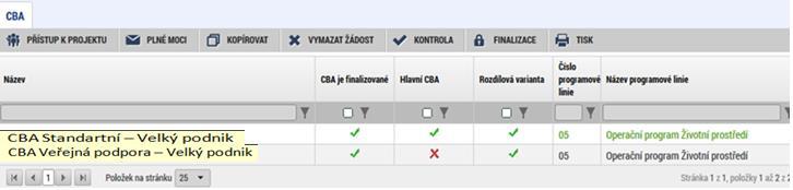 necháme CBA navázané na projekt a označené jako hlavní (Pokud by byl postup opačný, vygenerovala by se chyba ISUM: 521523). Pozn.: Ve standardní CBA je u těchto typů projektů checkbox Příjmy dle čl.