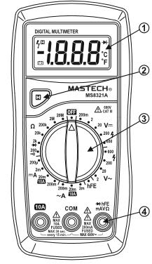 Popis přístroje 1. Přední panel - Displej - Tlačítko uložení - Otočný přepínač - Vstupní konektory 2. Displej 3 1/2 číslice, 15 mm LCD displej 3.