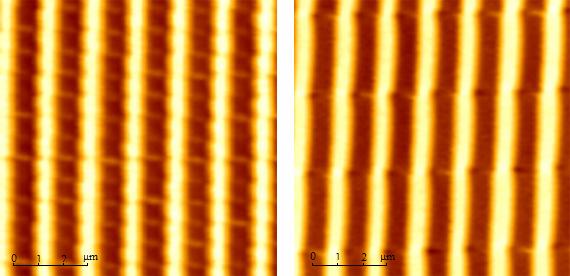 Obr. 16: Mřížka s periodou 1,6 µm, při použití čtverečkovaných (vlevo) a podlouhlých (vpravo) razítek, snímek z AFM Obě dvě série mřížek připravíme pro pět různých expozičních dávek, abychom viděli,