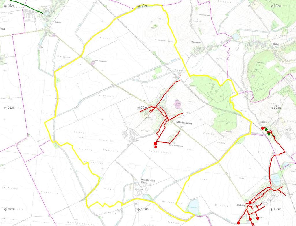E. KANALIZACE A ČOV Mapa E1: Kanalizace - rozvody v obci Trasování sítí, lokalizace ČOV, čerpací stanice (ČS), výústě Obec: Mladějovice Legenda: Kanalizace: Ochranné pásmo: Vyústění: do 2015 po 2015