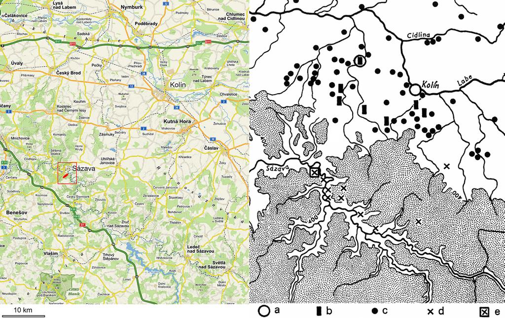 6 Neolitické osídlení v období s vypíchanou keramikou na území mezi Sázavou a Labem (upraveno podle www. mapy.cz a Zápotocké 2001).