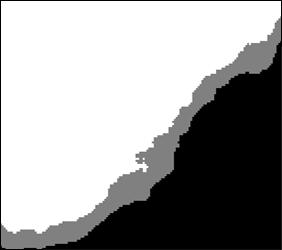 Nakonec je vytvořen tříbarevný obraz 2.17d): černá pro oblast, která ve svém okolí 128 128 pixelů obsahuje méně než 900 hranových pixelů z obr. 2.17c), šedá pro oblast 900 1000 pixelů a bílá nad 1000 pixelů.