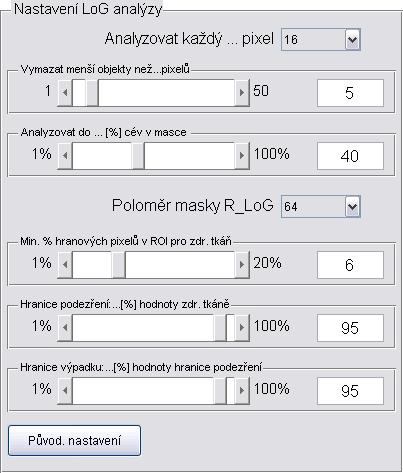 Obr. 3.13: Ovládací panel pro nastavení analýzy vycházející z hranové reprezentace Posuvník Min. % hranových pixelů v ROI pro zdr.