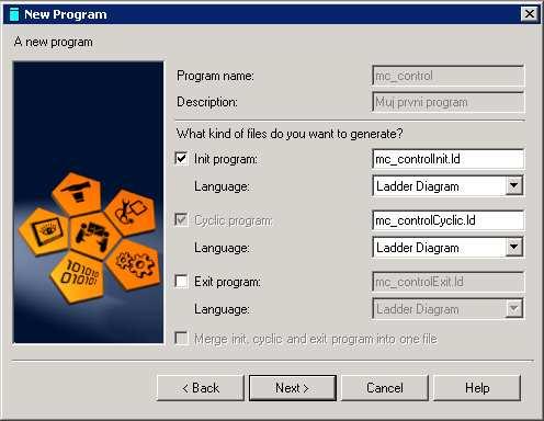 Init program Typ jazyka Obrázek 5.1 Výběr prog. jazyka Obrázek 5. Zařazení do CPU Nyní se nám v okně Logical View objevil náš vytvořený program.