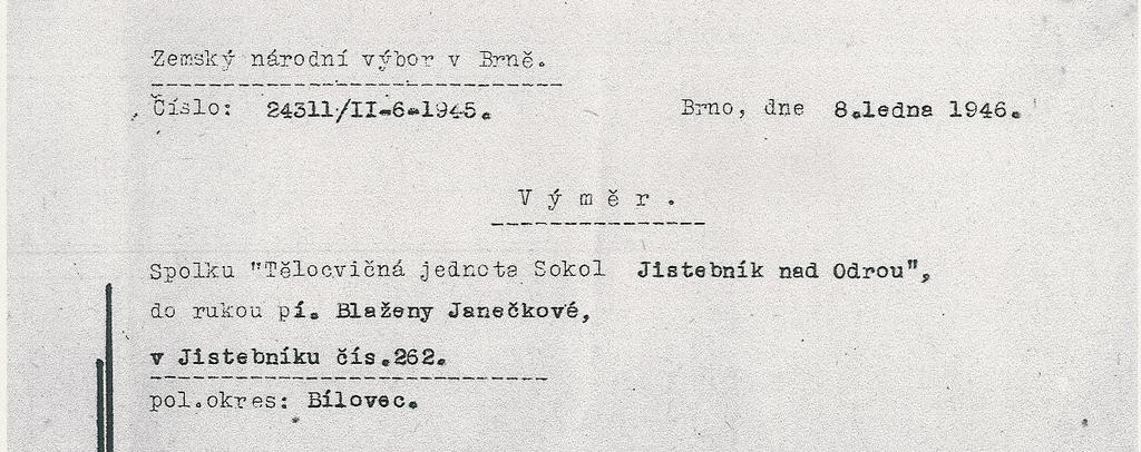4 Tělovýchovná jednota Jistebník Kopie dokumentu, který po válce