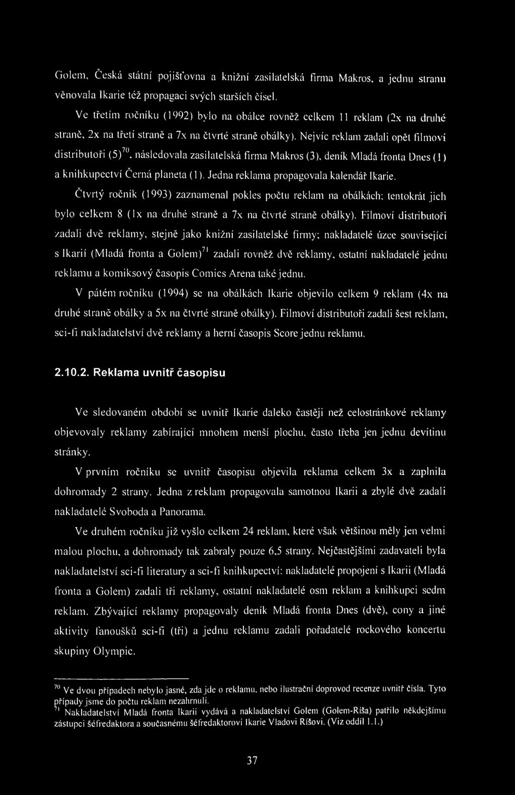 Golem, Česká státní pojišťovna a knižní zasilatelská firma Makros, a jednu stranu věnovala Ikarie též propagaci svýcli starších čísel.