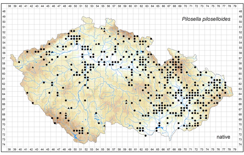 Distribution of Pilosella piloselloides in the Czech Republic Author of the map: Olga Rotreklová, Jindřich Chrtek jun.