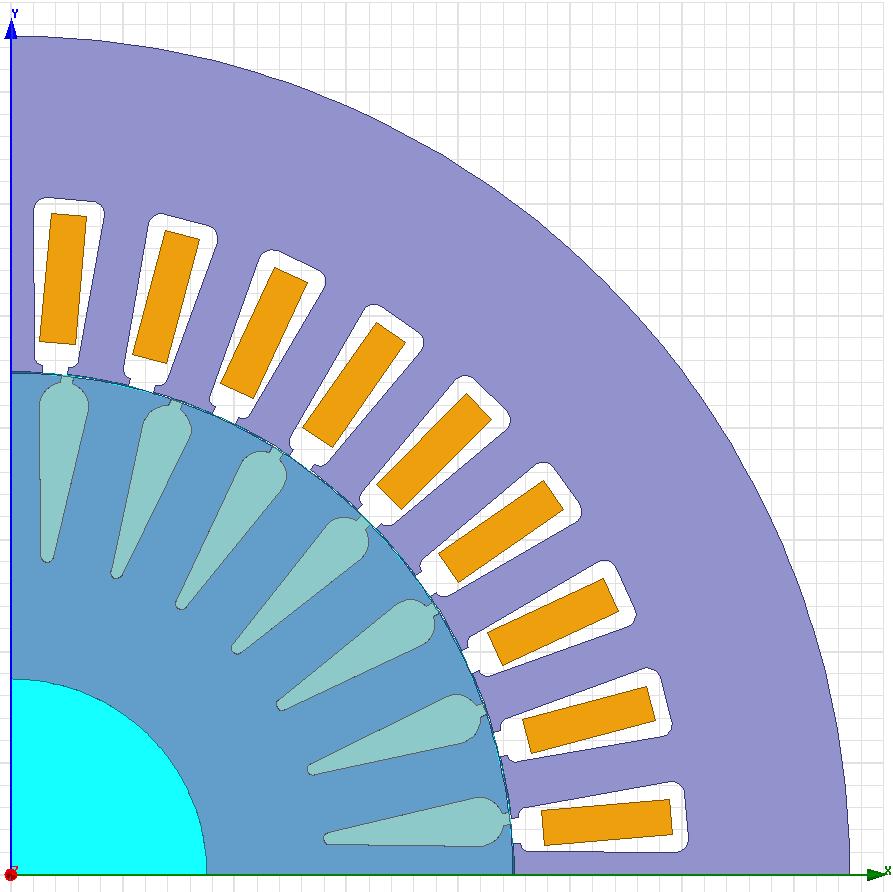 Obr 4.5. Geometrie modelu v Maxwell Na předchozím obrázku je obrázek řešené geometrie. Vinutí statoru je tvořeno osmi vodiči, činitel plnění drážky je 73%.