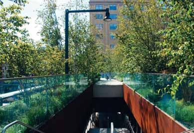 téma měsíce Realizace a údržba zeleně Vstup na jižním konci High Line Hudson, od které vanou silné větry. Piet Oudolf si dal za cíl vytvořit porosty, které budou evokovat divokou přírodu.