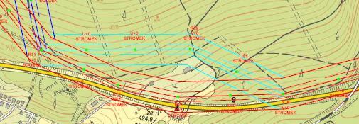 118-119: Obě varianty nadzemního vedení kolem hájovny u Nového Boru.