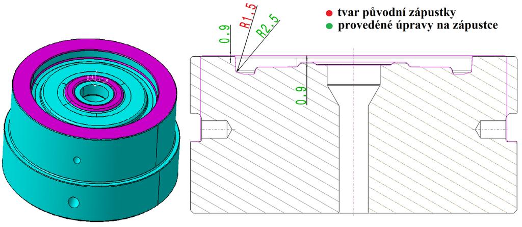 Pro zvýšení tuhosti zápustky byl také zvětšen rádius hlavového průměru talířového kola z 1,5 mm na 2,5 mm. Tím bylo potlačeno nebezpečí prasknutí obvodu zápustky v kritickém místě (rádiusu). Obr.