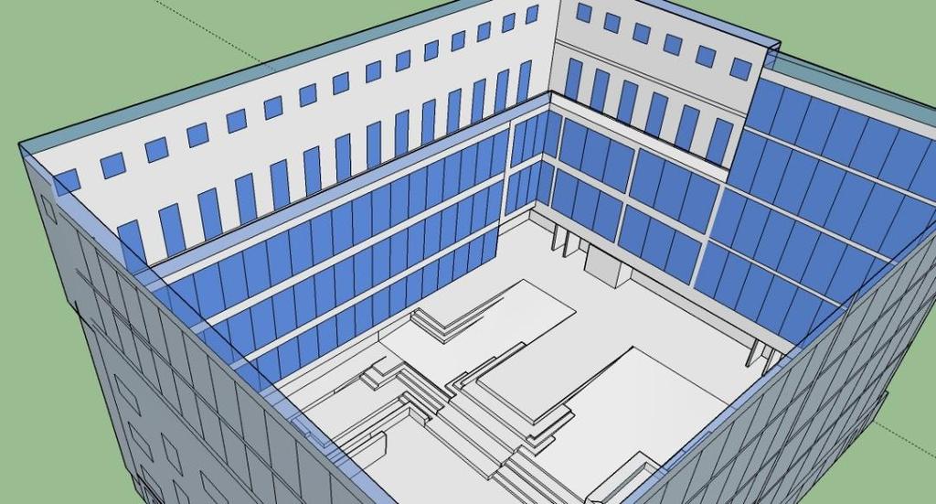 11.5. Modelování Prostor vybraného atria byl vymodelován v programu Sketch-Up 2014 a následně exportován do programu ODEON 14 Combined, kde bylo nasimulováno měření, které proběhlo ve