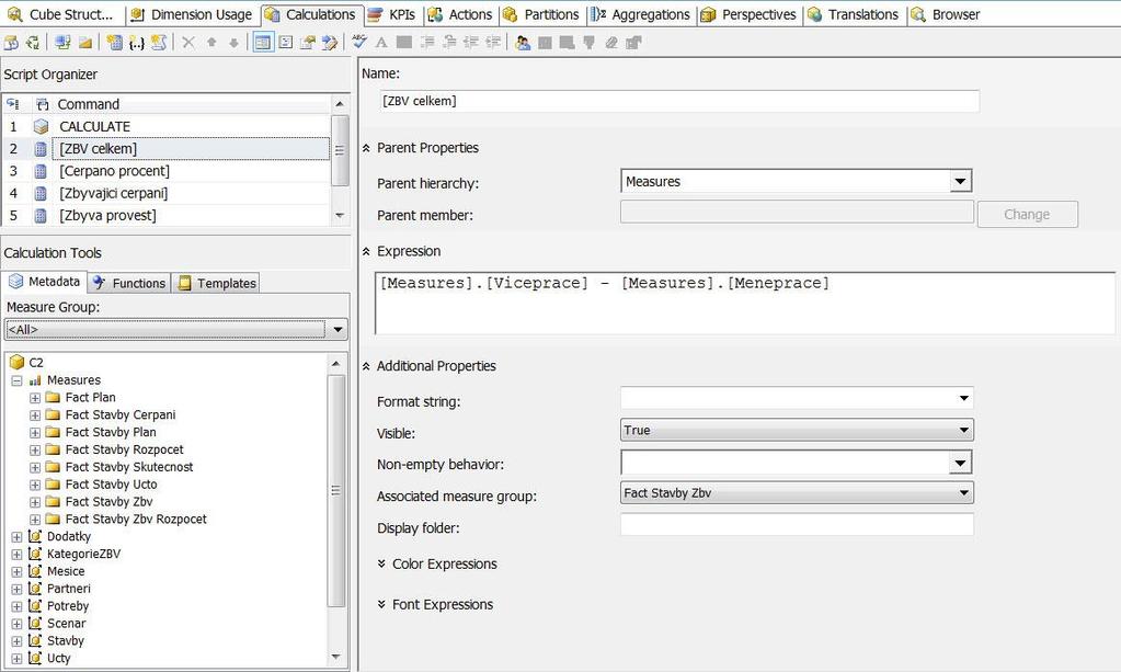 Tabulka 4-3: Kalkulované fakty Tyto kalkulované fakty je dále možné doplnit o libovolný počet dalších, díky velice flexibilnímu řešení datových kostek.