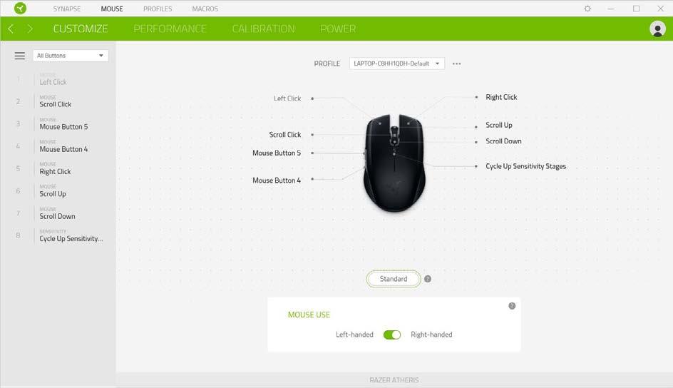 klikněte na tři tečky Mouse use Zde si můžete nastavit myš pro používání v levé nebo v pravé ruce.
