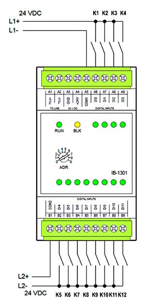 PLC Tecomat Foxtrot rozšiřující moduly Rozšiřující modul s binárními vstupy Typ DI RO AI AO Comm IB-1301 12 DI(4 HSC) TCL2 Modul s binárními (digitálními) vstupy určený pro rozšíření počtu I/O