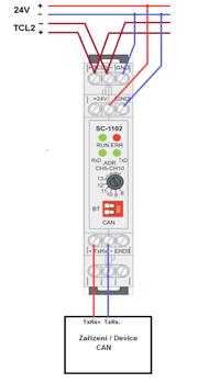 U modulu SC-1102 je nutno linku CAN zakončit u zařízení, které se nachází na každém z obou konců linky. Pokud je zařízení připojeno uprostřed linky, zakončení se neprovádí.