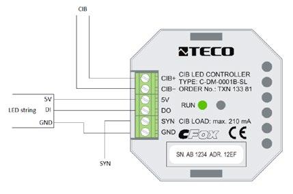 CIB Modul řízení adresovatelných RGB pásků Typ DI RO AI AO Comm C-DM-0001B CIB DO, SYN Modul je aktor na sběrnici CIB, který obsahuje jeden výstup (DO) pro ovládání adresovatelných RGB LED čipů řady
