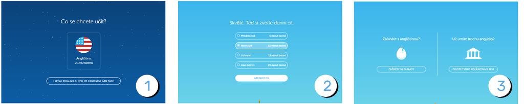 Obrázek 4 Po výběru na poslední stránce s výběrem aktuální jazykové gramotnosti [Obrázek 4, bod 3] se rovnou spustí buď lekce s naprostými základy, nebo rozřazovací test, čímž je dosažen cíl začít s