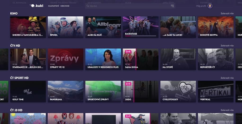 Uživatelské prostřední v nové Kuki 2:0 beta Přehrávač Bannery Trháky Seriály Posun v čase Detail pořadu Vyhledávání Pokračuj Nahrávky Kino Nastavení Dashboard (Základní obrazovka) Dashboard zobrazuje