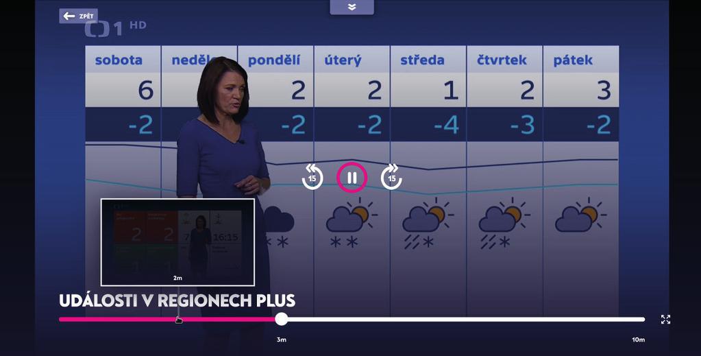 Přehrávač Časová osa zobrazuje celkový čas pořadu s vyznačením aktuální pozice sledování. Malinová barva znázorňuje tu část vysílání, která již proběhla.