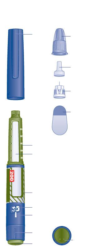 Tresiba předplněné pero a jehla (příklad) (FlexTouch) Uzávěr pera Vnější kryt jehly Vnitřní kryt jehly Jehla Papírový kryt Stupnice inzulinu Inzulinové okénko