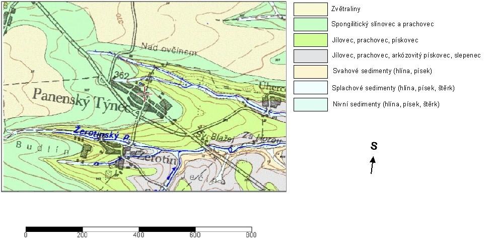 Obr.č. 2: Geologická mapa městyse Panenský Týnec a jeho okolí. Křížek znázorňuje polohu chrámu. (http://www.gweb.cz/geologicke-mapy/) 2.