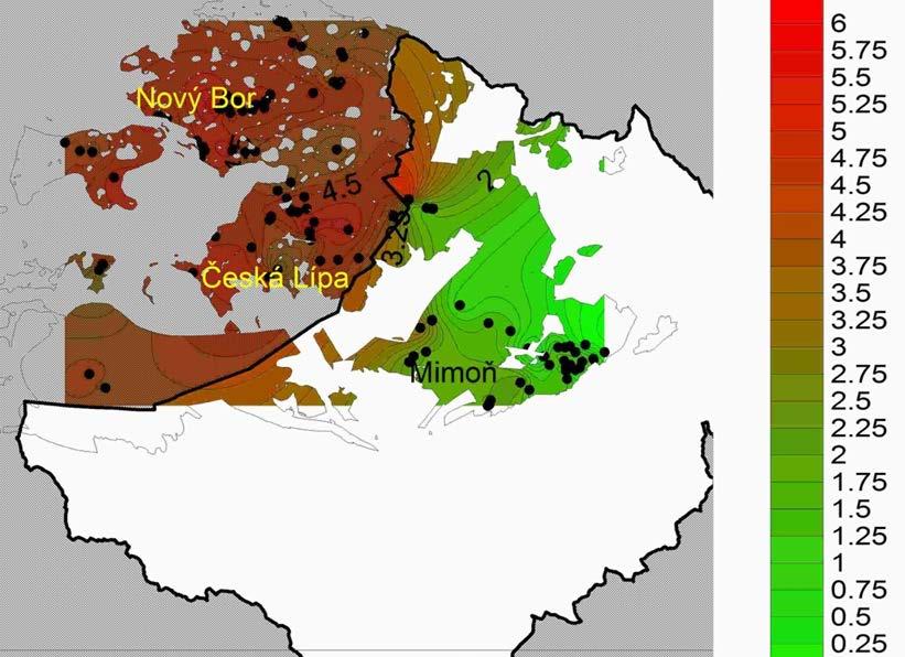 Obrázek 5-5 Rozdělení propustnosti kolektoru D ve formě indexu Z Index Z byl odvozen z hodnot indexu Y podle postupu navrženého Jetelem (1985), při kterém se od hodnoty Y odečítá logaritmus délky