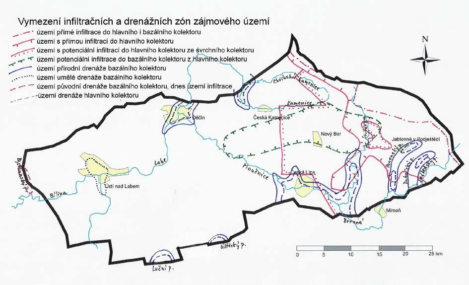 Obrázek 4-28 Vymezení infiltračních a drenážních zón v širším okolí zájmového území (podle Datla 2008; HGR 4640 tvoří východní třetinu obrázku) Infiltrační území v pruhu podél lužické poruchy Jak