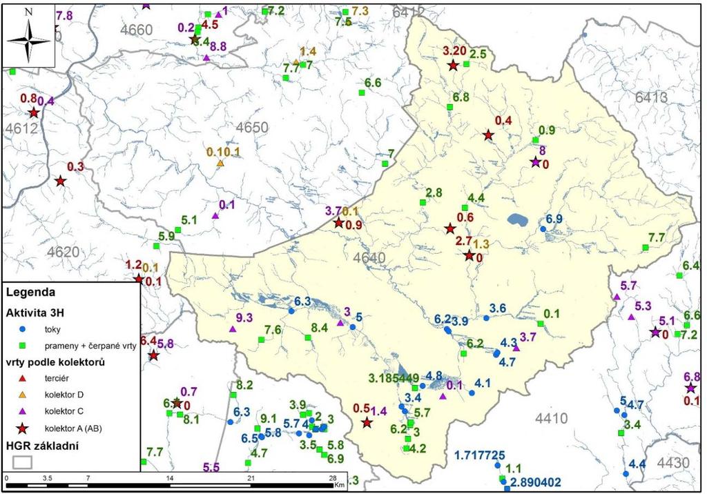 Obrázek 4-40 Aktivita tritia v pramenech a vrtech v rajonu V oblasti rajonů 4630, 4640, 4650 a 4660 byl zjištěn významný rozdíl mezi aktivitami tritia v monitorovacích vrtech ČHMU a pramenů (obr.