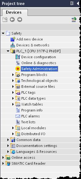 Safety Administration Editor F-PLC F-periferie Safety Administration Editor Migrace Ochrana přístupu Knihovny Safety printout Kde najdu Safety Administration Editor?