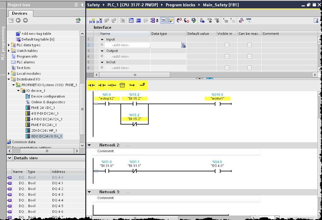 Safety prvky jsou vždy zvýrazněny žlutě Network view