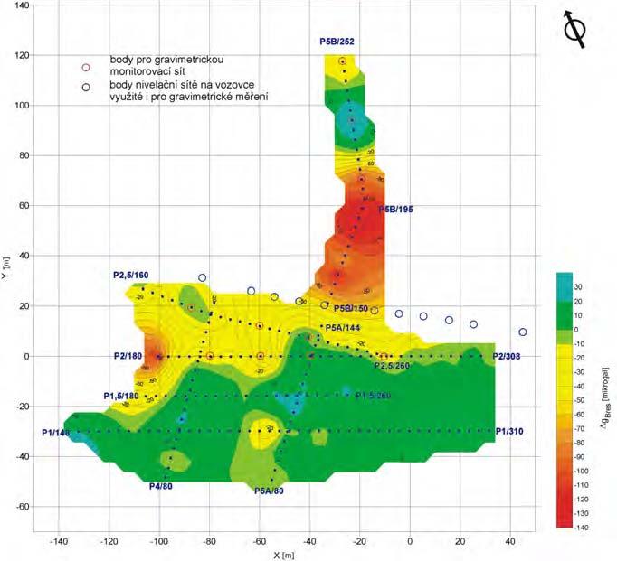 Obr. 4 Mapa izolinií residuální Bouguerovy anomálie Obr. 5 Korela ní schéma geofyzikálních anomálií okolí propadu v oblasti SDD = za átek profil P1,5, P2 a P2,5.