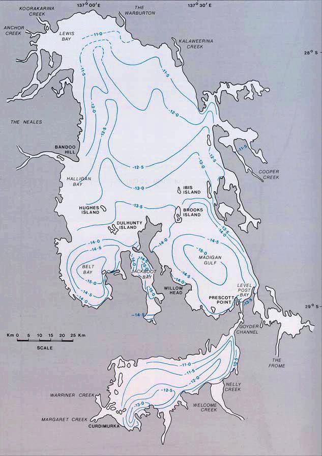 Obr. Hd_38. Batymetrická mapa Eyreova jezera V. Kotwického (2005).