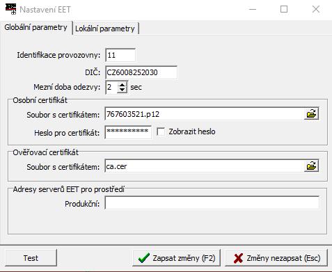 Nastavení komunikace EET v programu TRIFID Nastavení parametrů se provádí volbou nabídky Systémové funkce Konfigurace Nastavení EET.