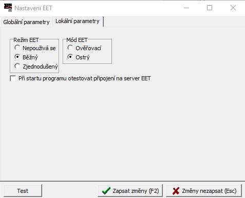 Tabulka má dále záložku Lokální parametry (nutno nastavit zvlášť na každé pokladně v síti): Zde se zapíná režim komunikace EET normální režim je Běžný.