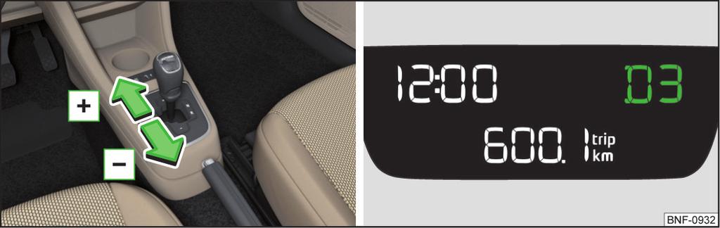 Pokud bliká symbol N vedle volicí páky, přesuňte volicí páku do polohy N. Ruční řazení (Tiptronic) Volba polohy volicí páky Obr.