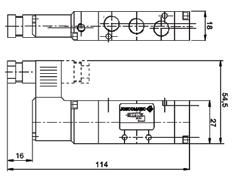 Solenoidové ventily 5/3, 5/2, 4/2 Připojení Jednostavový ventil Pohled z vrcholu cívky Sysmboly funkcí +/~14 (1) (2) - Pohled zdola +/~12 (3) Příslušenství Podstavec viz strana 67 Objednací číslo