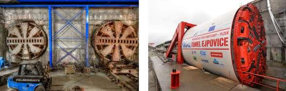 2.2.12 Kontinuálně pracující stroje Tunnel boring machine, TBM, plnoprofilové tunelovací stroje mohou být nasazeny při výstavbě dolů na ražbu dlouhých spojovacích překopů pro DPD či pro odvodňovací