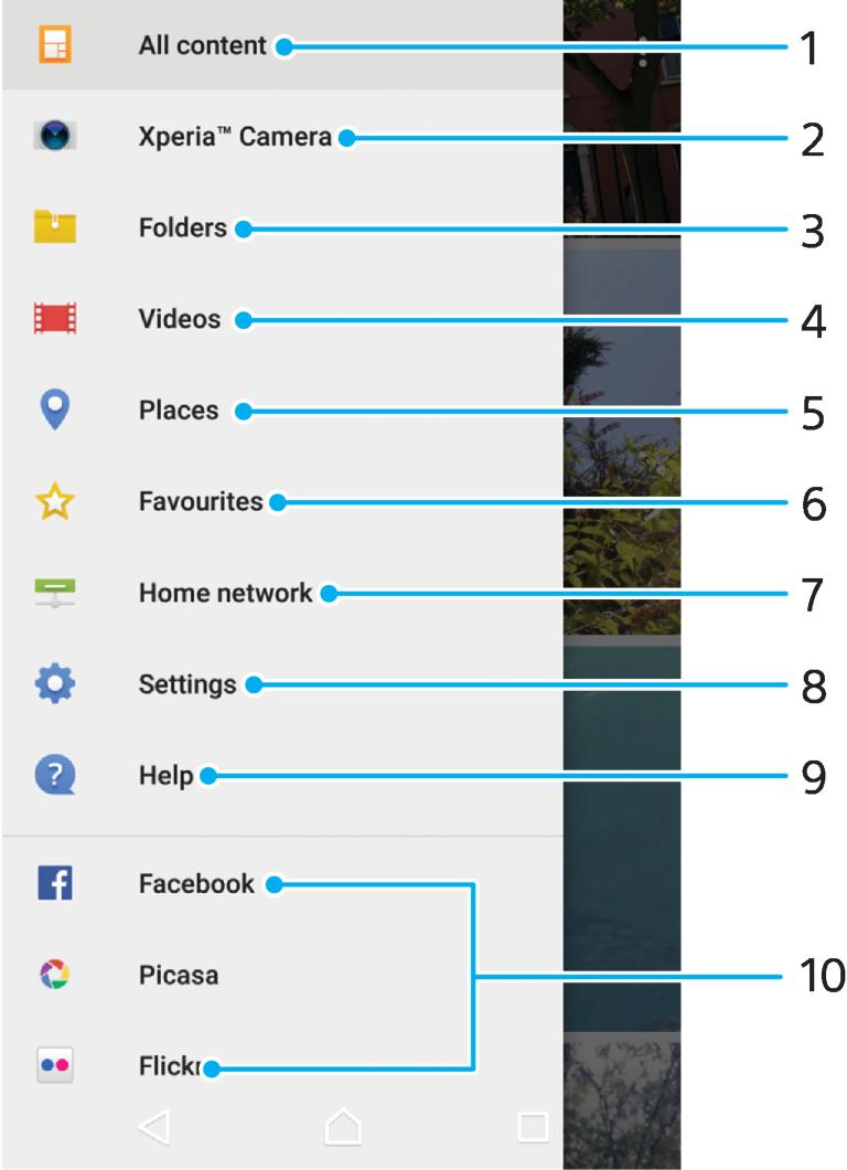 1 Návrat na úvodní obrazovku aplikace Album pro zobrazení veškerého obsahu 2 Zobrazení všech fotografií a videí pořízených fotoaparátem zařízení 3 Zobrazení všech fotografií a videí uložených v