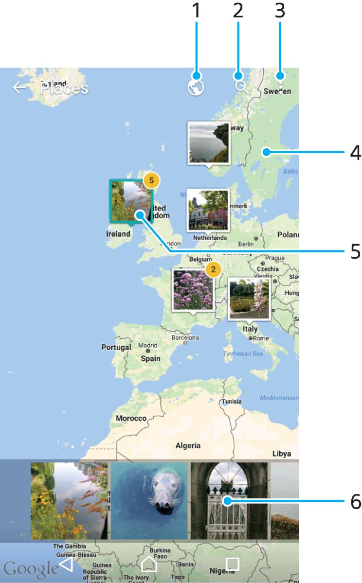 1 Ťuknutím zobrazíte fotografie obsahující zeměpisné souřadnice v režimu zeměkoule 2 Hledání místa na mapě 3 Ťuknutím zobrazíte možnosti nabídky 4 Dvakrát ťukněte nebo sevřete prsty pro přiblížení či