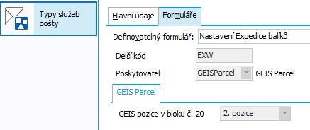 Formulář v záložce GEIS Popis vybraných položek: GEIS pozice v bloku č. 20 jde o pozici doplňkové služby, viz Tabulka 5: Označení doplňkových služeb v exportním souboru pro GEIS Parcel, např.